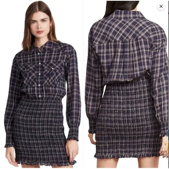 VERONICA BEARD Plaid Smocked Shirtdress Size 4 Long Sleeve Button‎ Front Midi - Picture 1 of 7